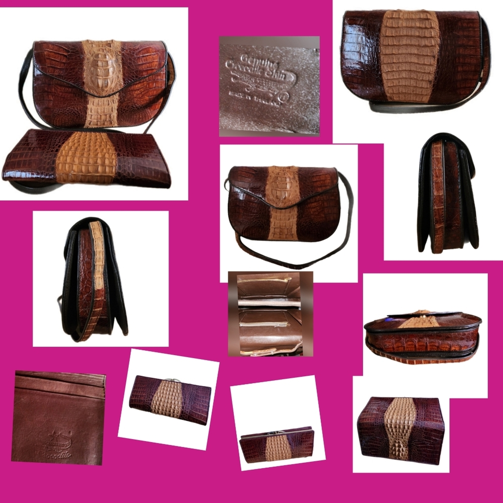VINTAGE GENUINE CROCODILE LEATHER CROSSBODY BAG & MATCHING WALLET SET NWOT - Picture 1 of 14